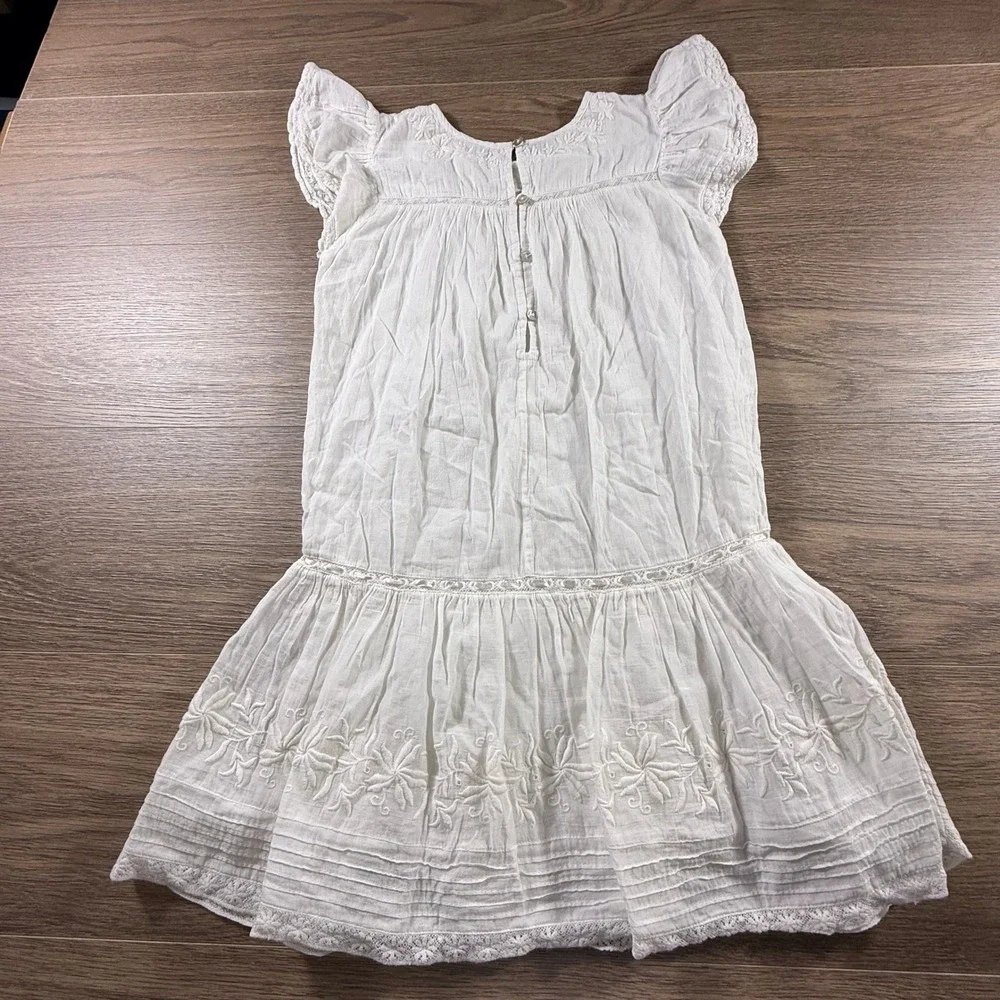 LoveShackFancy White Cotton Embroidered Lace Flutter Sleeve Dress Girls 7-8Y